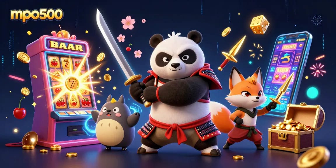 Spin to win with mpo500, featuring a dynamic scene of samurai panda and ninja fox alongside vibrant casino elements.