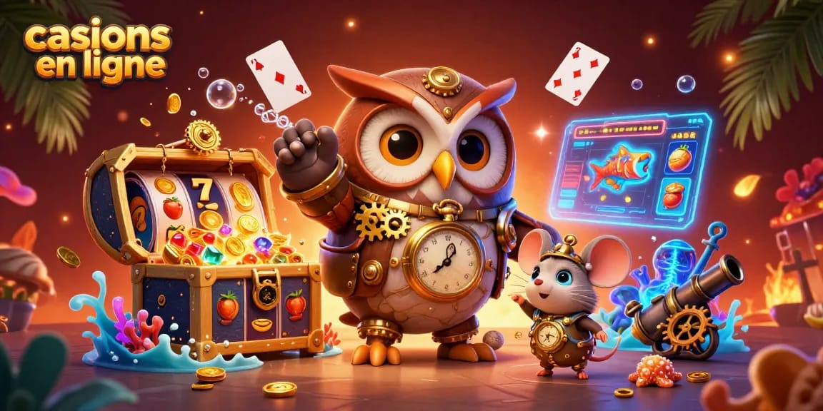 Illustration d'un hibou voyageur steampunk et une souris, avec des éléments de casinos en ligne.