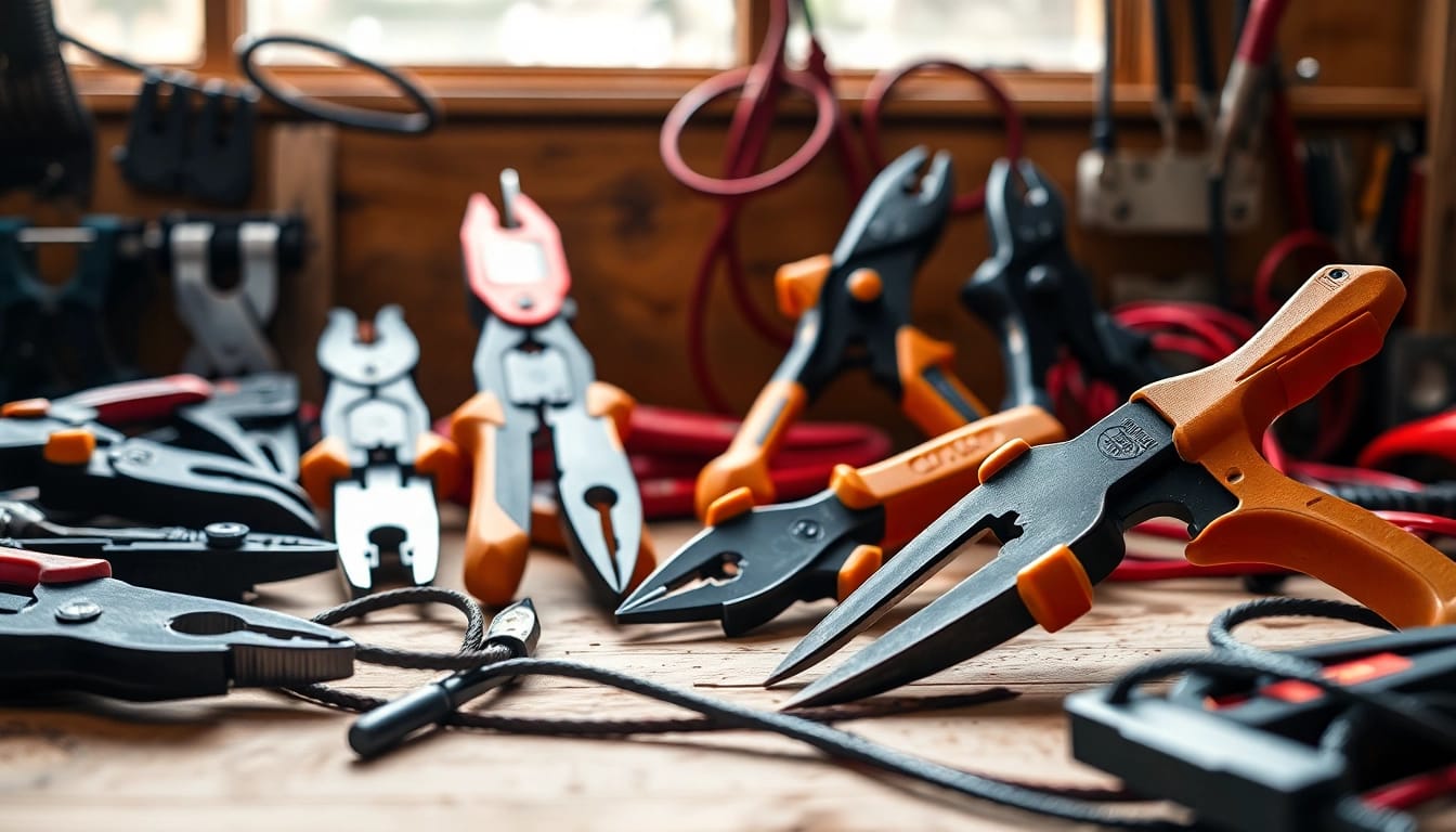 Un elettricista utilizza una pinza elettricista per tagliare e crimpare cavi durante un intervento. La robustezza e il design ergonomico vengono messi in evidenza.