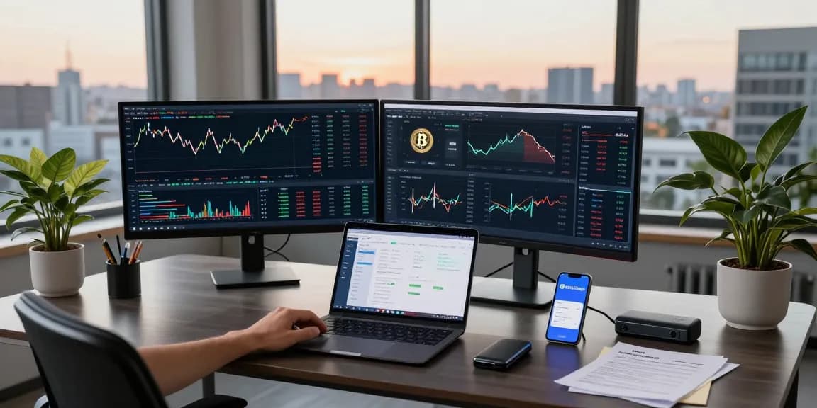 Manta Bridge app displayed in a cryptocurrency trading workspace with charts and digital wallet interfaces.