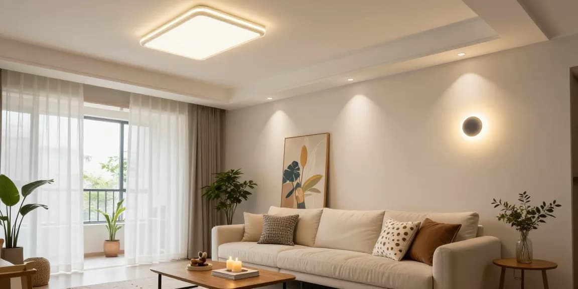 Aplice tavan moderne în iluminatul unui living elegant, evidențiind confortul și stilul.