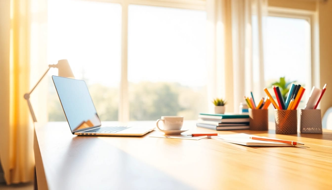 Seamlessly Organize Your Day with an inviting workspace featuring a desk, laptop, and coffee.