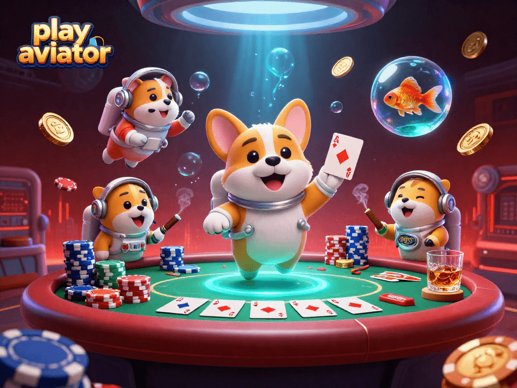Play Aviator with excitement in this dynamic casino scene featuring floating characters and rich details.