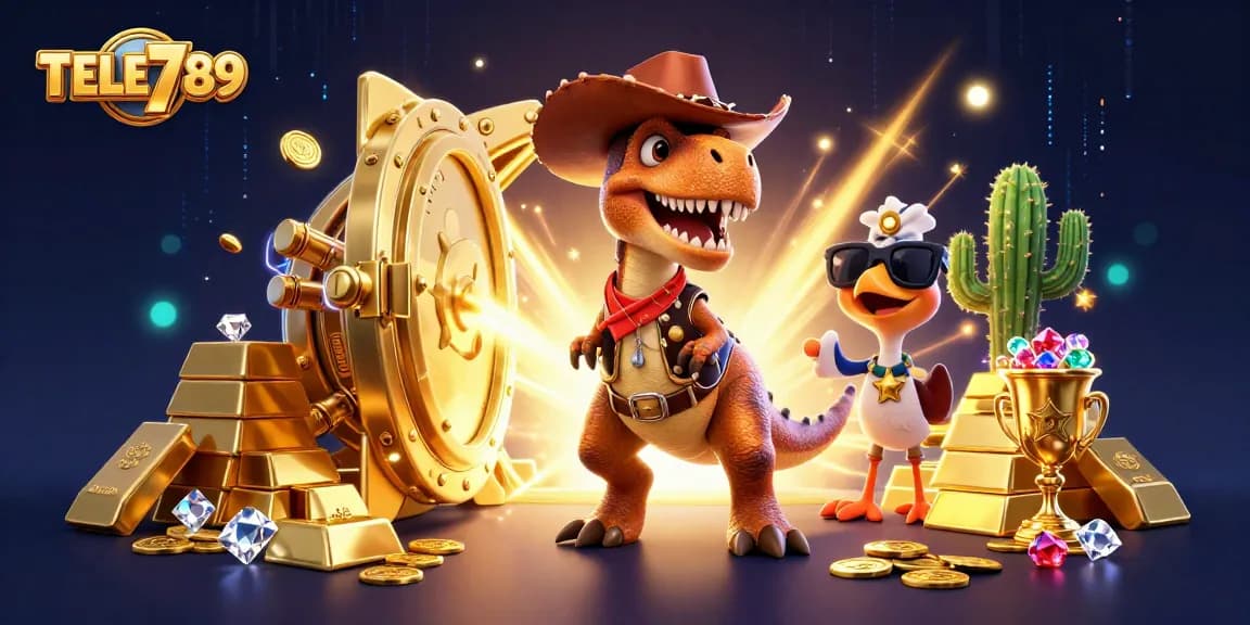 Experience thrilling gameplay at TELE789 with vibrant casino elements featuring a T-Rex and treasure.