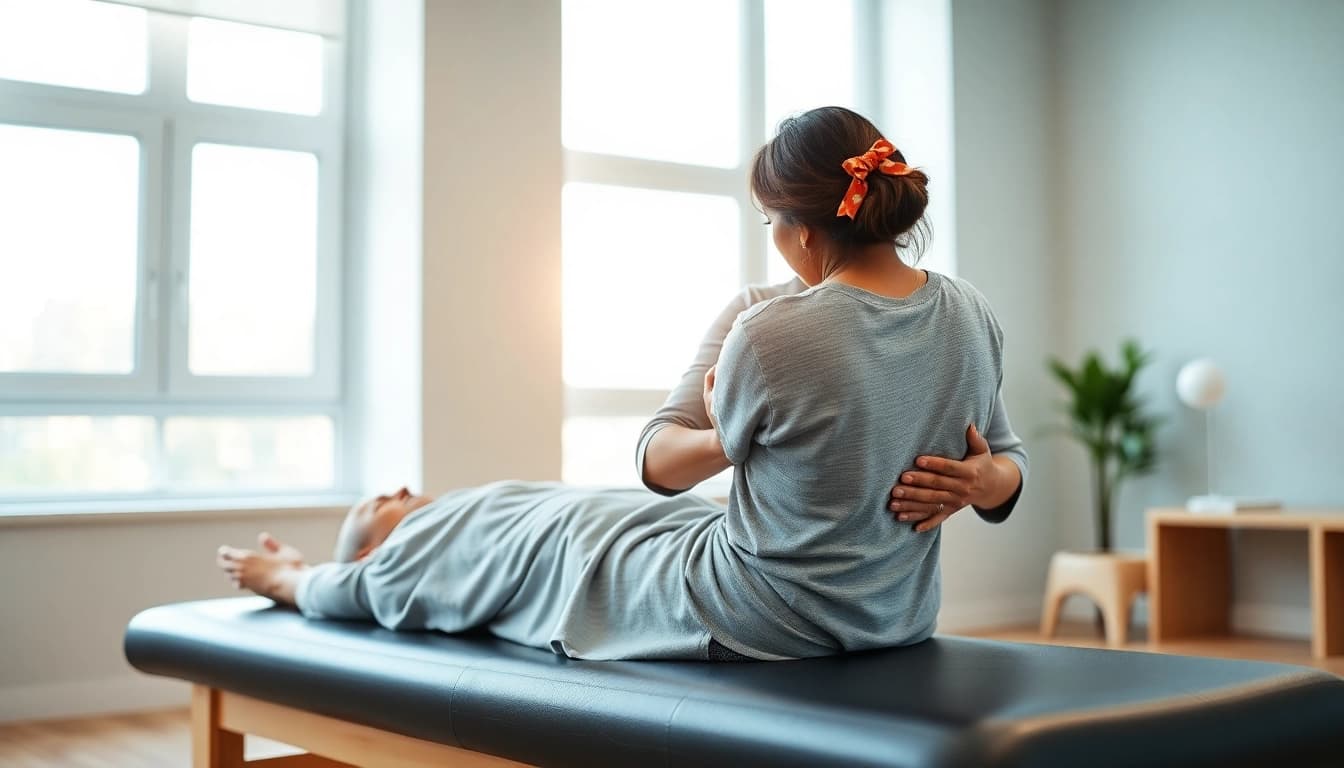 Engaging back pain treatment session showcasing a caring physical therapist assisting a patient.