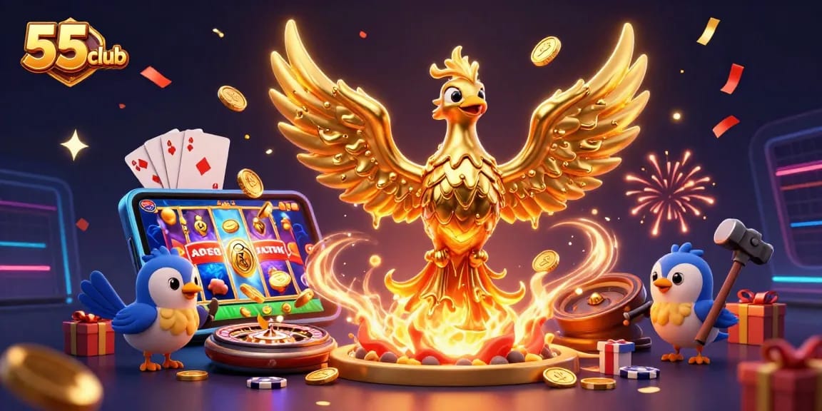 Experience thrilling slots at 55club featuring a molten gold phoenix and exciting game elements.
