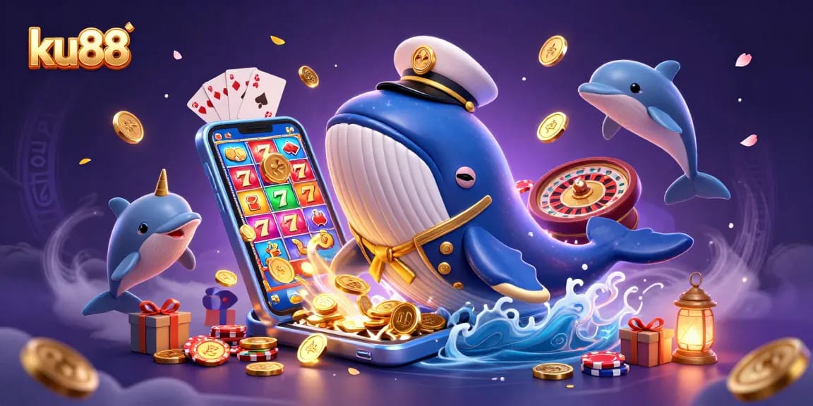 Engage with ku88's lively casino scene featuring a whale, narwhal, and dolphins amid slot game action.