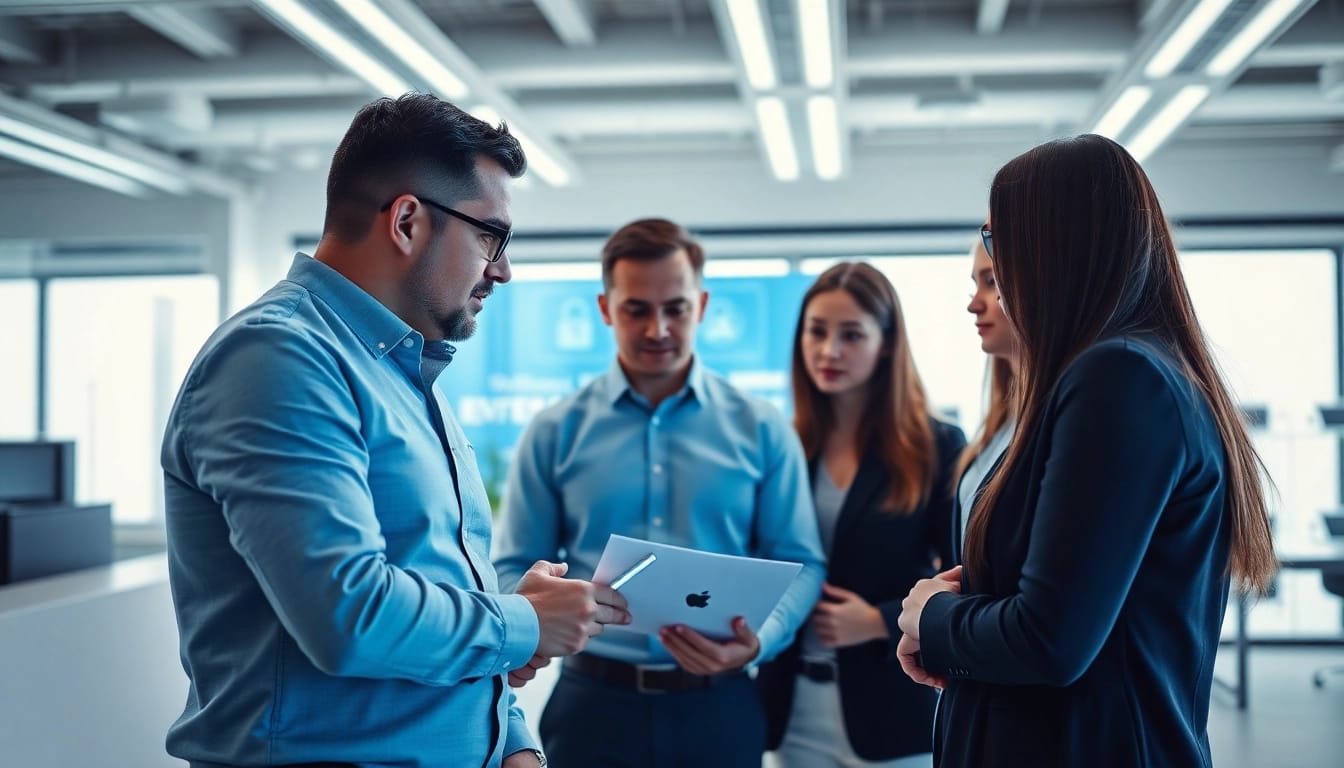 Cyber essentials assessor guiding a team in a modern office on cybersecurity strategies.