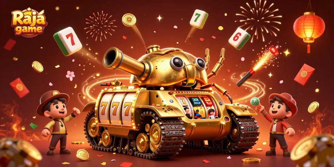 Engage in thrilling gameplay with Raja game's colorful casino tank, slot reels, and festive decorations.