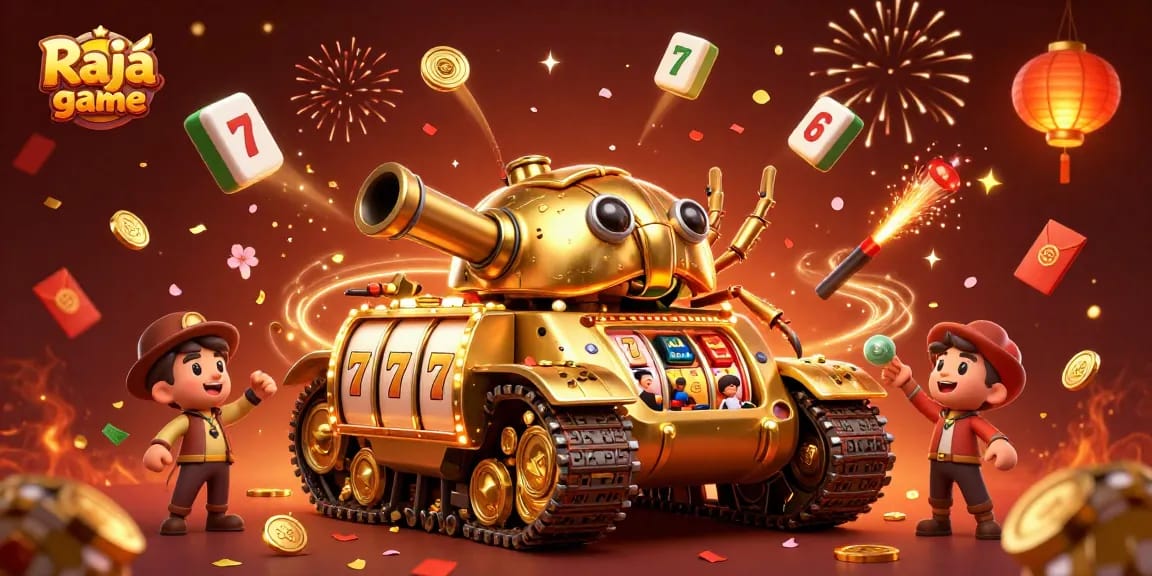 Engage in thrilling gameplay with Raja game's colorful casino tank, slot reels, and festive decorations.
