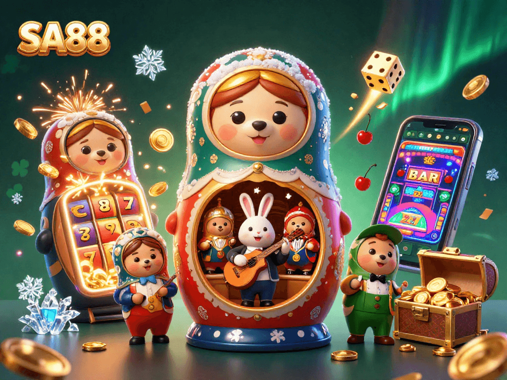 Experience the excitement of SA88 with dynamic casino elements and colorful characters in this vibrant illustration.