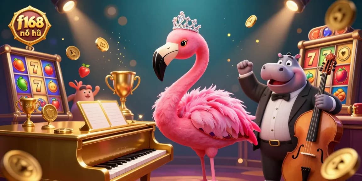 Witness an exciting scene of f168 nổ hũ with vibrant characters and rich gambling elements, showcasing lively slot games.