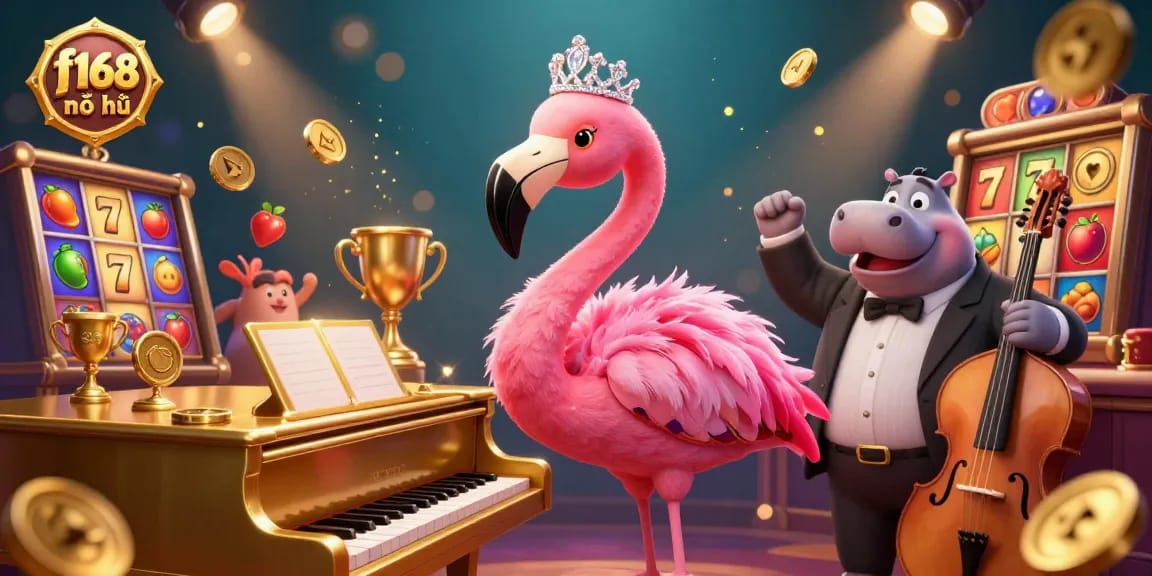Witness an exciting scene of f168 nổ hũ with vibrant characters and rich gambling elements, showcasing lively slot games.