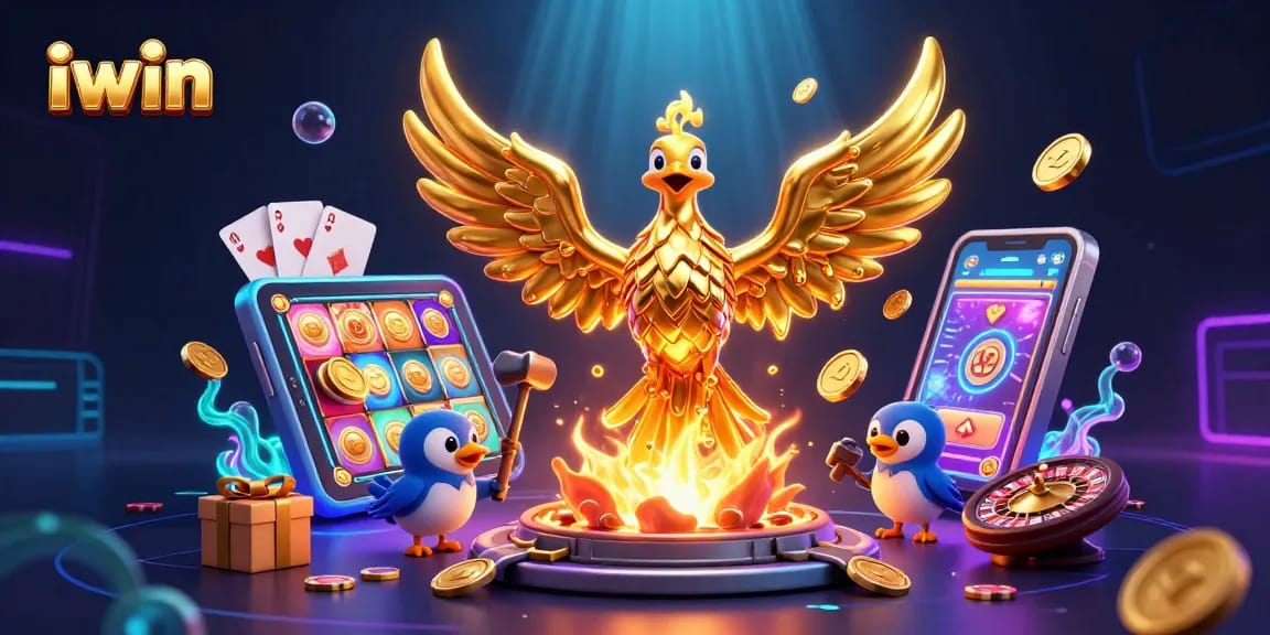 Experience thrilling wins with iwin as the golden phoenix emerges amidst spinning slots and poker cards.