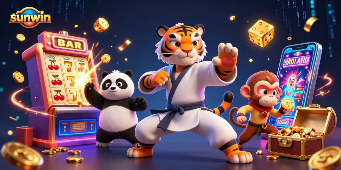 Experience the sunwin action with a kung fu tiger and casino symbols in an epic scene.