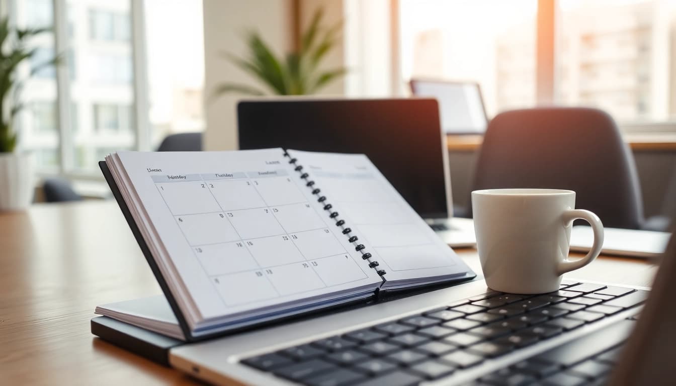 Seamlessly Organize Your Day with an open planner on a modern workspace.