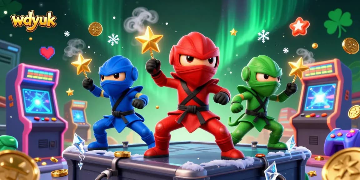 Experience thrilling gaming with wdyuk's colorful chameleon ninjas in an arcade-inspired casino setting.