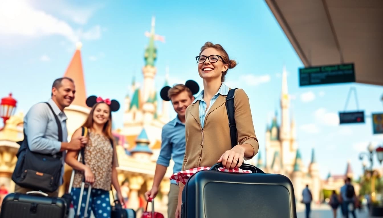 Travelers heading from Disneyland Paris to airport, enjoying the magical ambiance.