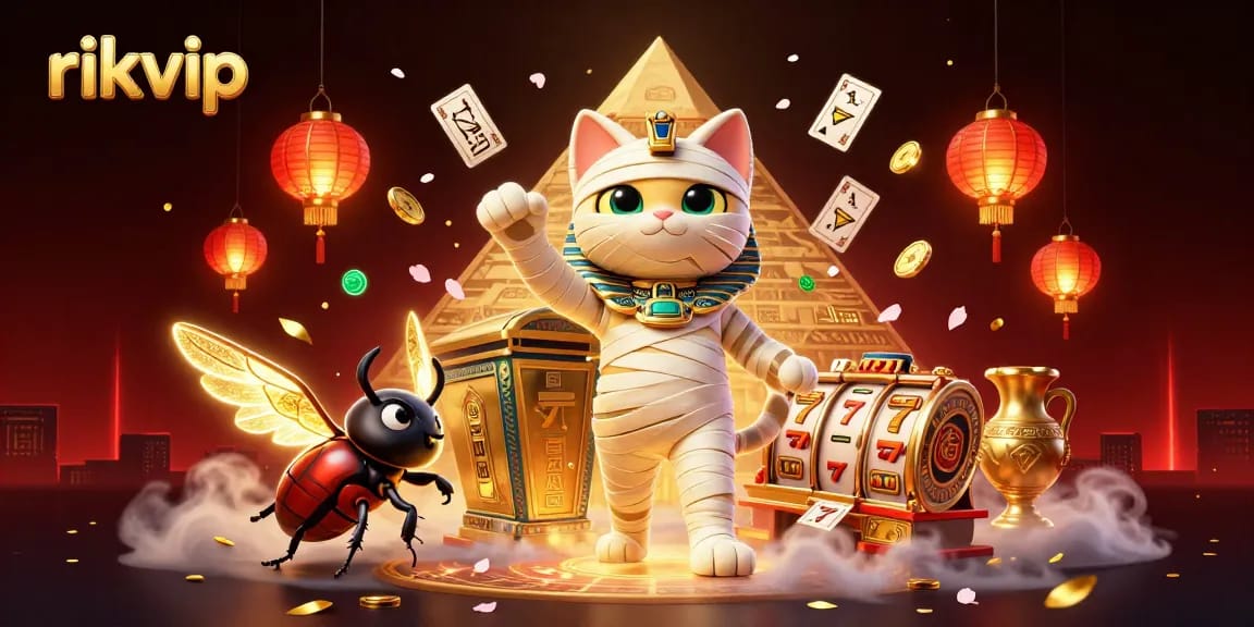 Engage with rikvip's amazing casinos featuring an Egyptian mummy cat and vibrant gaming elements.