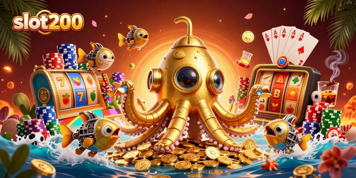 Experience the excitement of slot200 with a vibrant 3D kraken scene revealing dazzling slot reels and treasures.