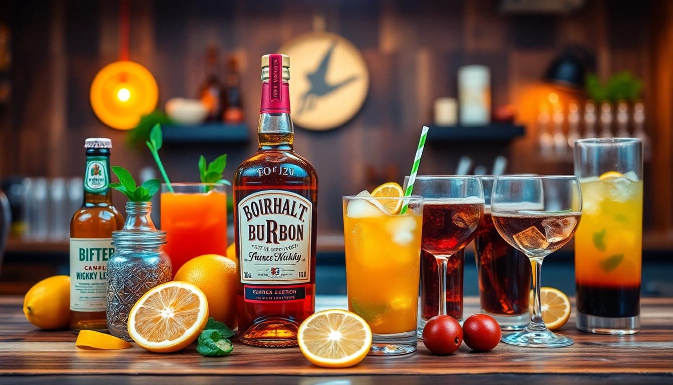 Explore what to mix bourbon whiskey with, featuring various cocktail ingredients and a bourbon bottle.