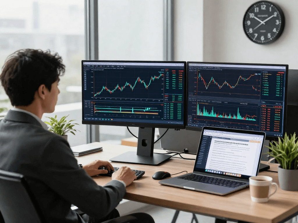 使用 metatrader 5 进行交易分析的现代办公空间,展示专业人士在高科技工作站前的专注时刻。