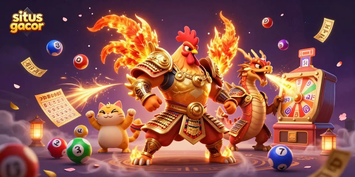Engage with situs gacor featuring a cartoon rooster warrior amidst colorful lottery elements, electrifying energy!