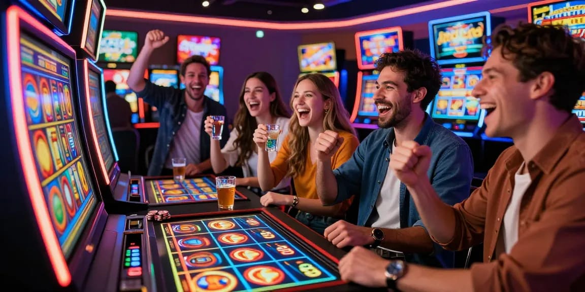 Exciting gambling scene at a casino showcasing friends celebrating wins at situs slot machines.