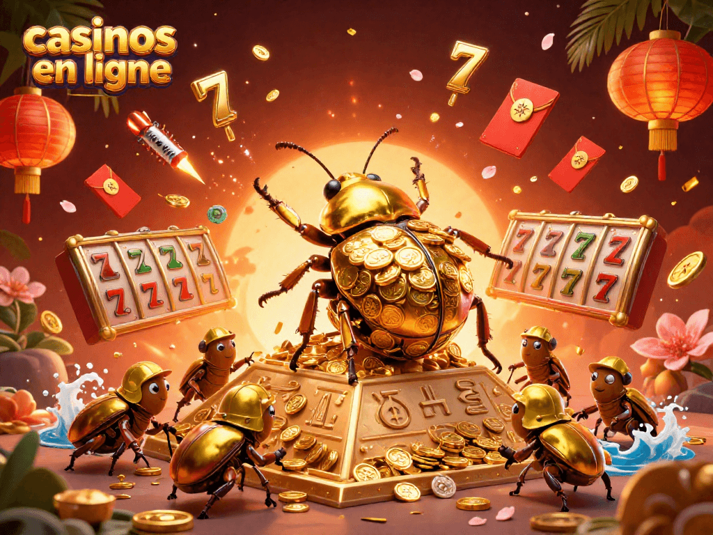 Explorez les casinos en ligne avec un scarabée doré et des éléments de jeu captivants.