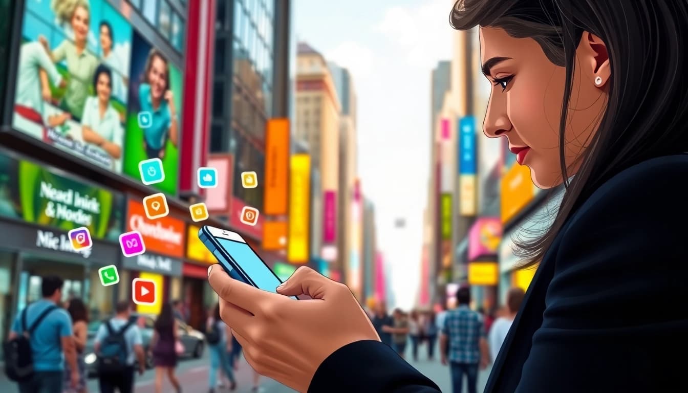 Explore trending apps in usa with a smartphone user in a vibrant urban setting.