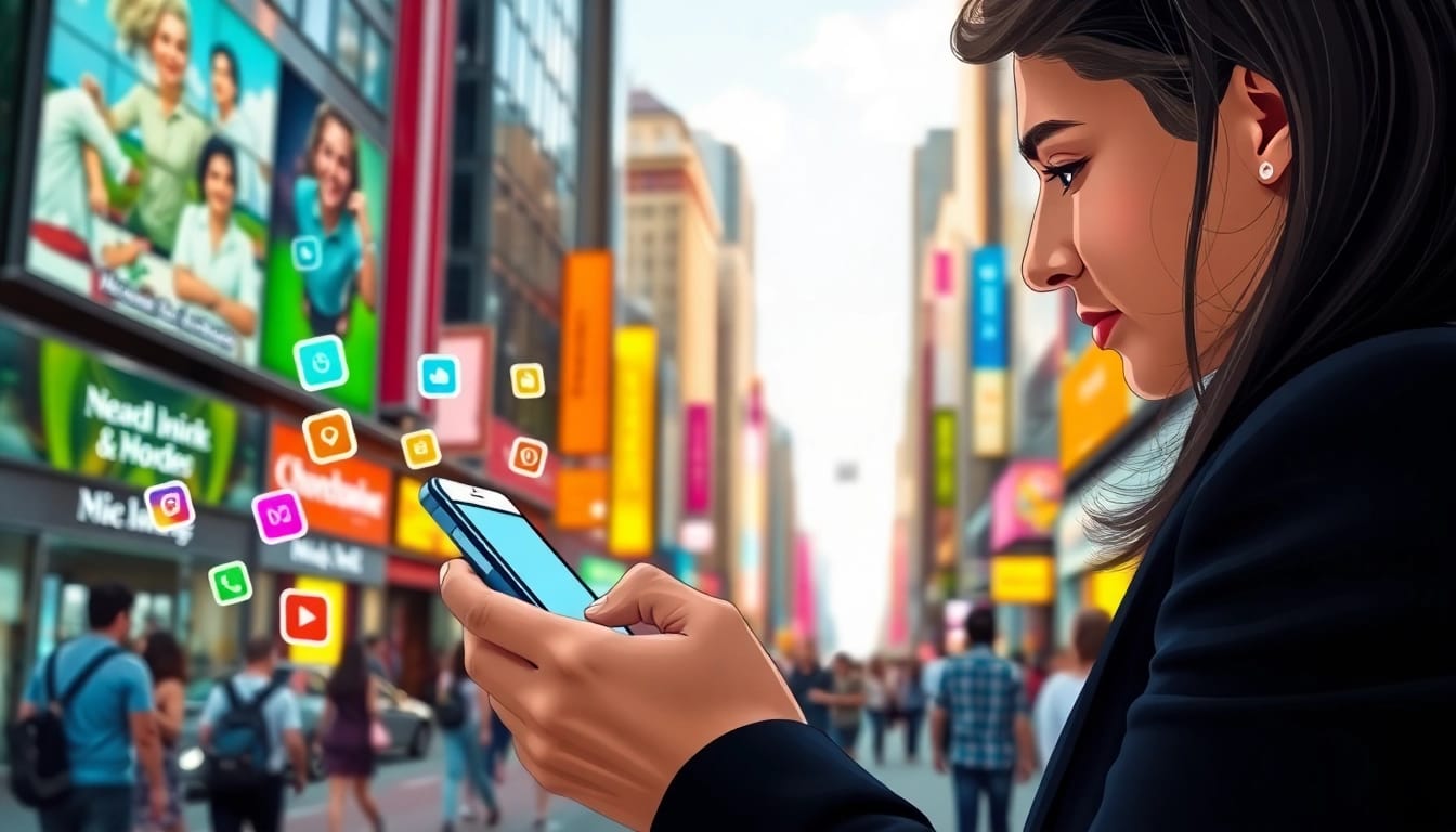 Explore trending apps in usa with a smartphone user in a vibrant urban setting.