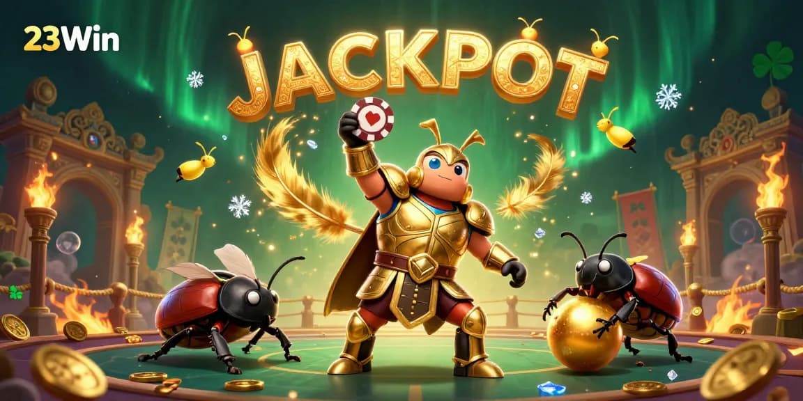 Experience the thrill of 23Win with a triumphant beetle hero lifting a poker chip amidst a jackpot celebration.