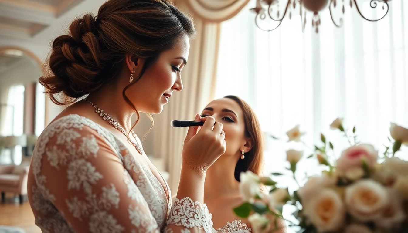 Dallas bridal makeup artist enhancing a bride’s beauty in an elegant setting.