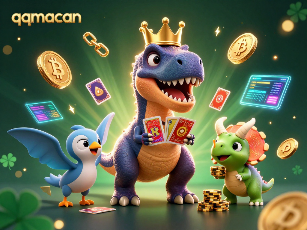 Engage in thrilling gameplay with qqmacan as a T-Rex shuffles cards in a vibrant casino scene.