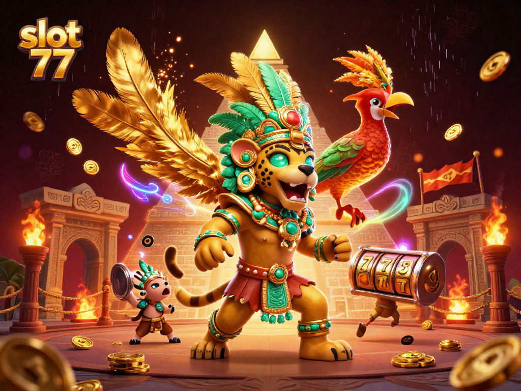 Spin the reels at slot 77 featuring vibrant 3D Mayan characters and golden gambling elements.
