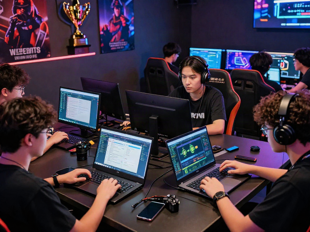 Engaged gamers discussing 먹튀스팟 검증사이트 in a vibrant online gaming lounge with lively energy.