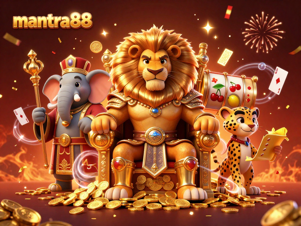 Experience thrilling wins at mantra88 with a majestic lion king surrounded by slot reels and golden coins.