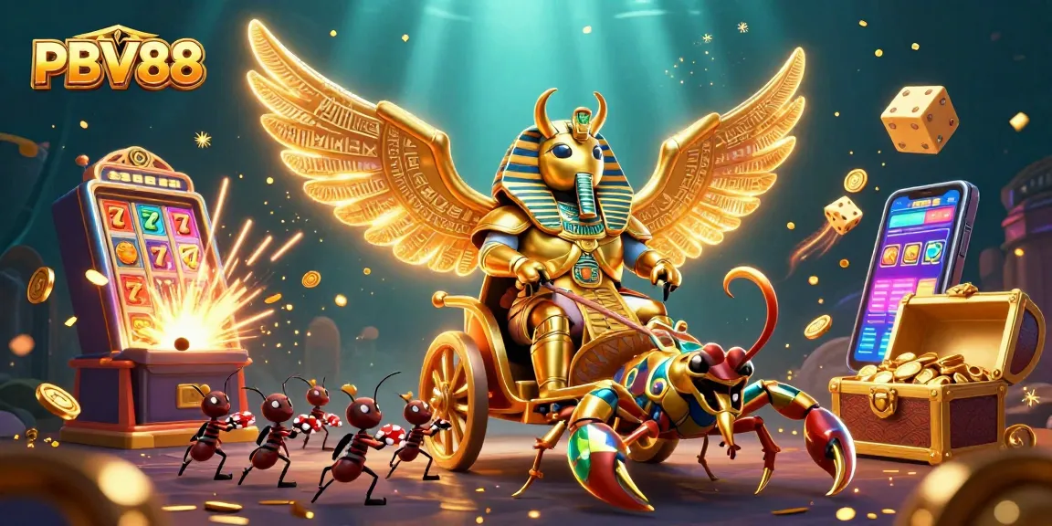 Experience thrilling wins at PBV88 with a dynamic scene of a golden beetle and vibrant casino elements.