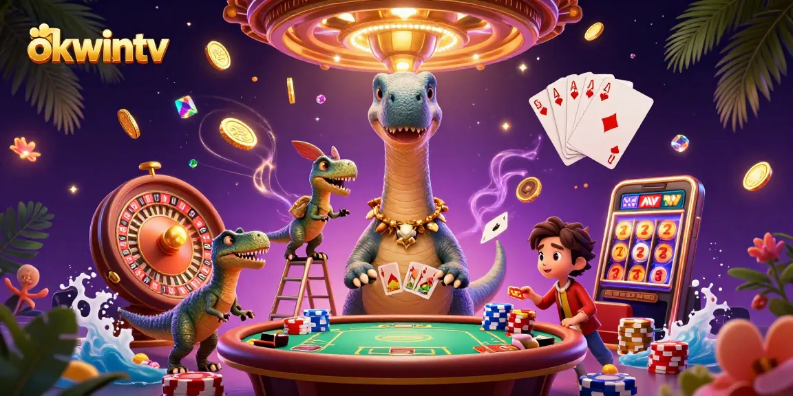 Bet on excitement at OKWINTV as a playful brontosaurus oversees the lively action in a casino scene.