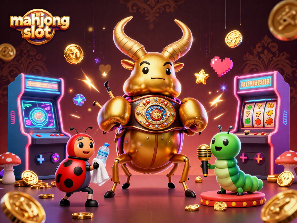 Engage with the mahjong slot scene featuring a brave beetle and colorful casino elements.