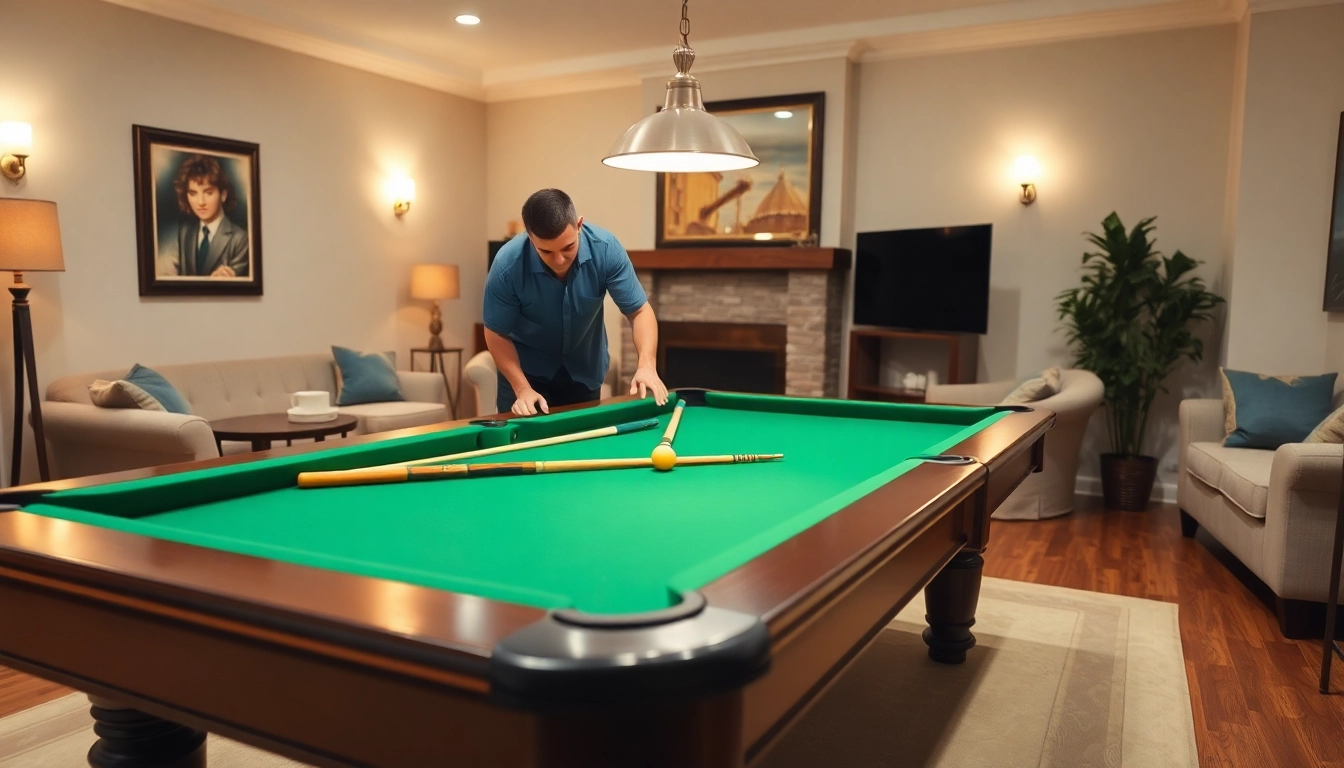 Expert pool table mover performing careful disassembly of a pool table in a cozy game room.