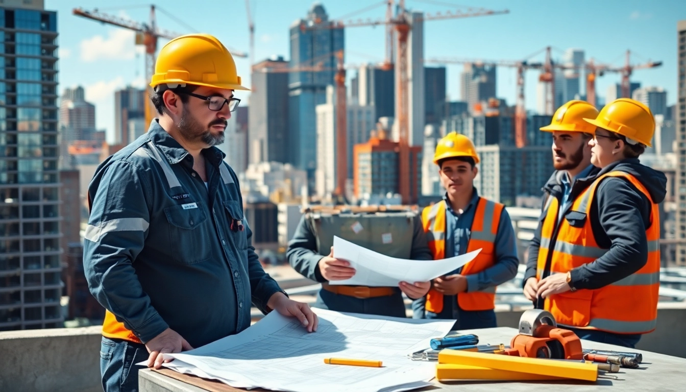 New York City General Contractor collaborating with a team on a construction project in an urban environment.