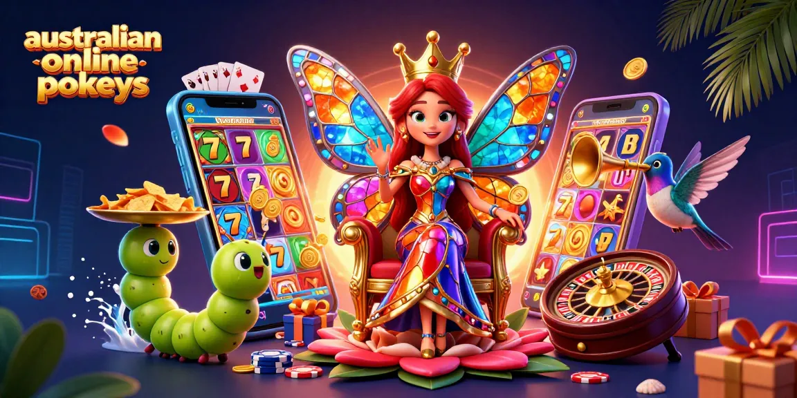Experience australian online pokies excitement with vibrant 3D characters in a rich casino scene.