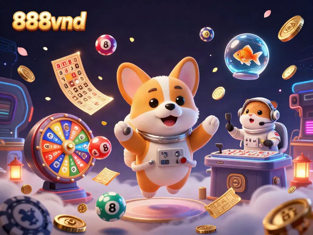 Experience the excitement with 888vnd in a dynamic casino scene filled with vibrant games and cartoon characters.