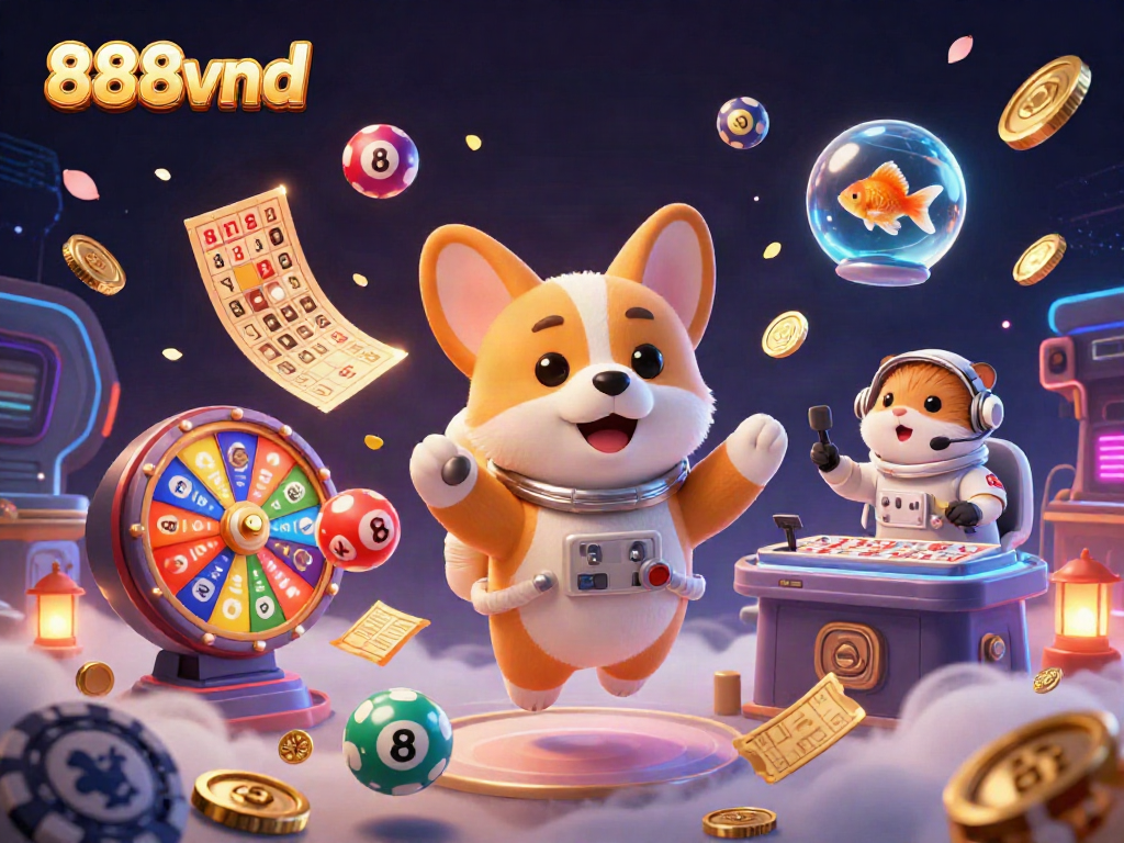 Experience the excitement with 888vnd in a dynamic casino scene filled with vibrant games and cartoon characters.