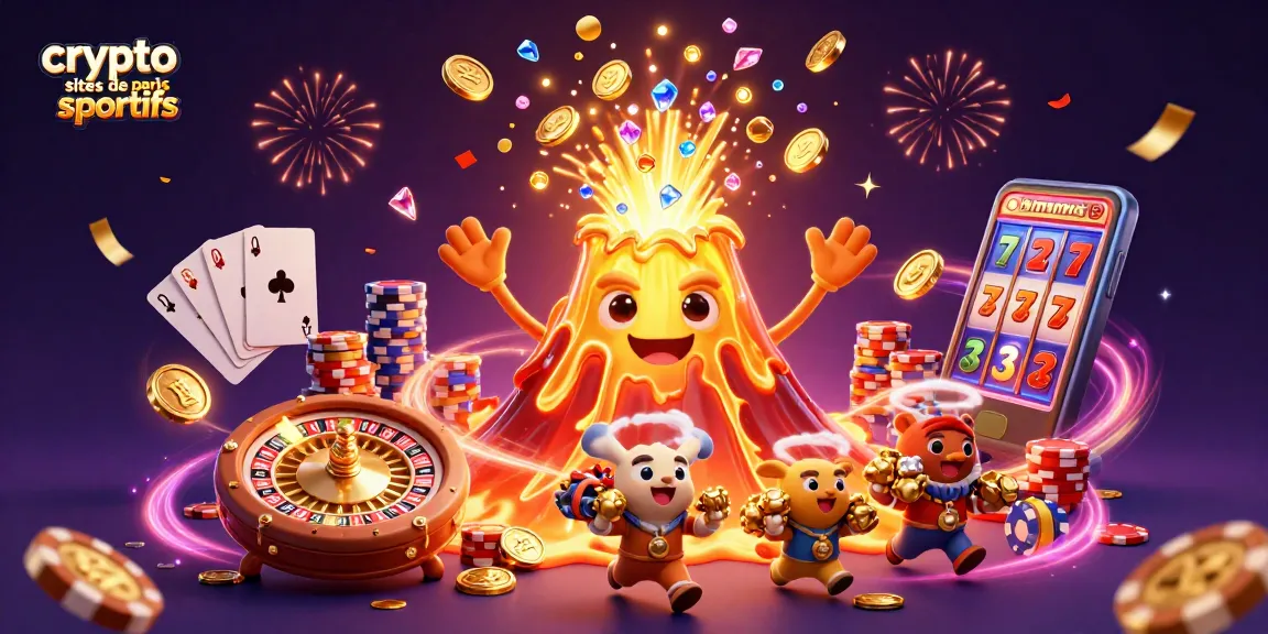 Pariez sur les crypto sites de paris sportifs avec cette illustration vibrante d'un volcan d'or éruptif et d'animaux explorateurs.