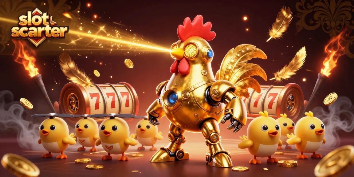 Experience the thrill of slot scatter with golden rooster robots and vibrant gaming elements in a dynamic casino scene.