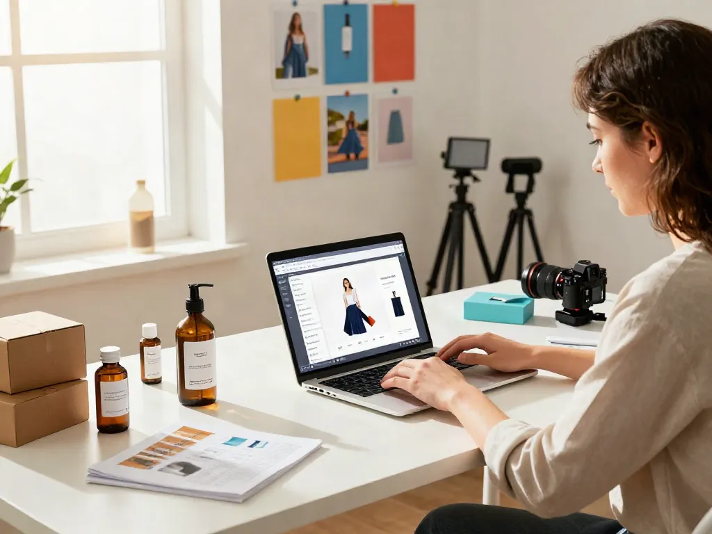 Professional using an Amazon product photo generator in a bright e-commerce workspace with product samples.