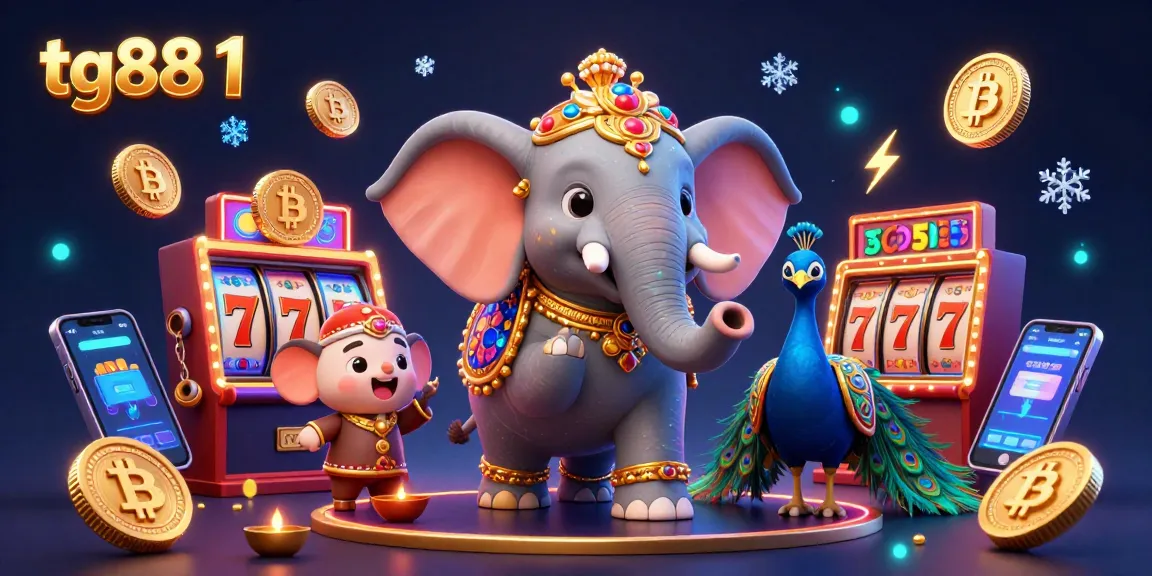 Win big with tg88 1 in this vibrant 3D casino scene showcasing exciting slot games and crypto elements.