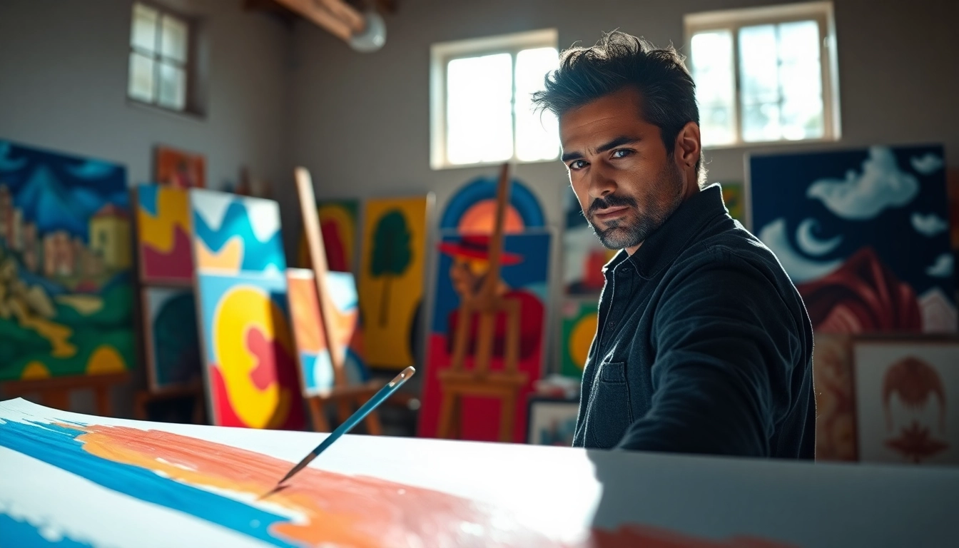 Artist creating a vibrant painting commercial in a sunlit studio, showcasing creativity and skill.